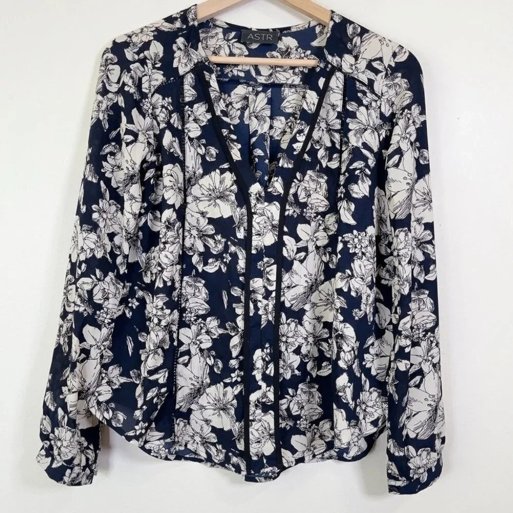 Astr Floral Navy Slit Neck Blouse